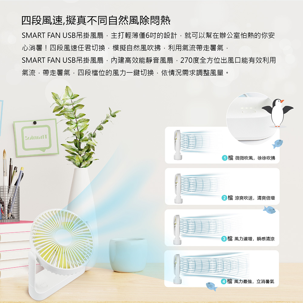 USB吊掛風扇 四檔風速 靜音風扇